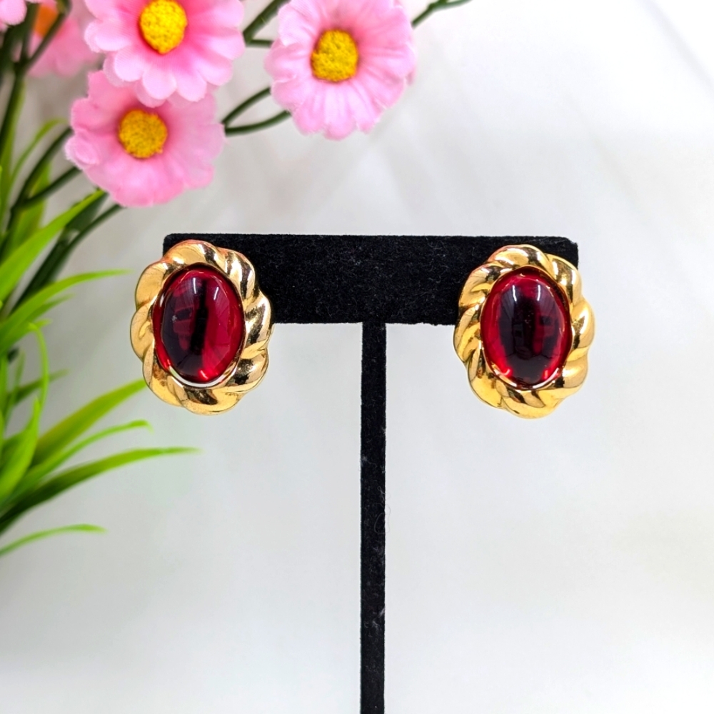 Park Lane Signed Genuine Red Crystal Gold Plated Vintage Clip On Earrings